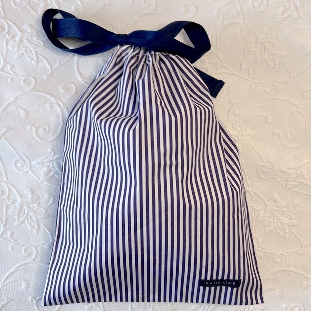 KATIE KIME Blue and White‎ Striped Drawstring Pouch 15" Long 11" Wide